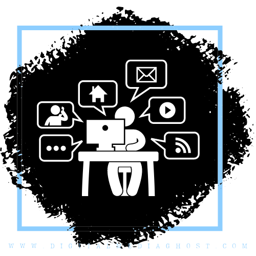 Graphic with white background a thin light blue frame with a cartoonish white man graphic sitting at a desk with a computer with marketing icons in chat bubbles around his head in front of a black blotch background.
