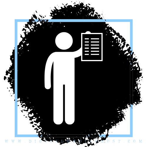 Graphic with white background a thin light blue frame with a cartoonish white man graphic holding a list standing in front of a black blotch background.