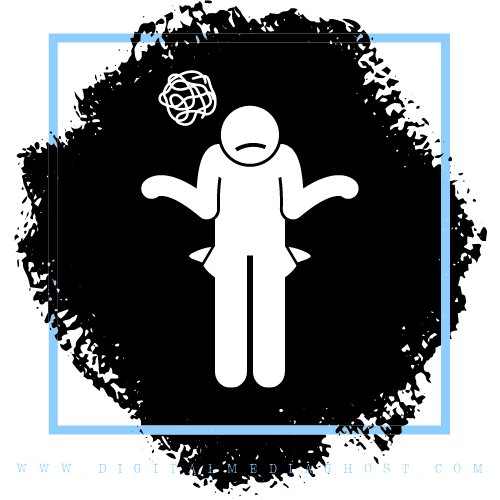 Graphic with white background a thin light blue frame with a cartoonish white man graphic with empty pockets standing in front of a black blotch background.