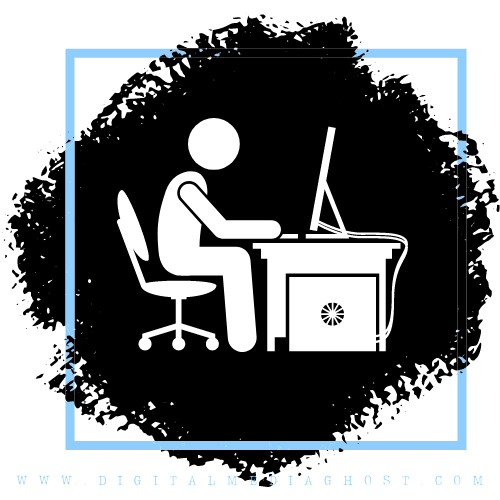 Graphic with white background a thin light blue frame with a cartoonish white man graphic sitting at a desk with a computer in front of a black blotch background.