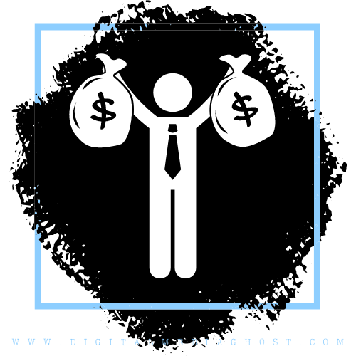 Graphic with white background a thin light blue frame with a cartoonish white man graphic holding a money bags in each hand standing in front of a black blotch background.