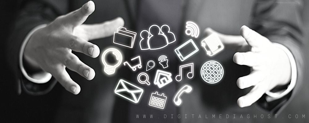 Black and white image of a gentleman's hand with app development icons floating between them.